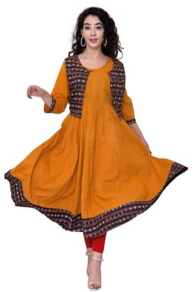 Yellow Hand Embroidered Cotton Kurti With Printed Shrug