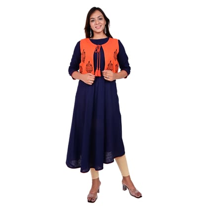 Tribes India Blue Orange Printed Kurti Shrug Set