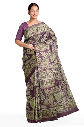 Pure silk saree in dark wine & green with peacock motifs  in satin weave