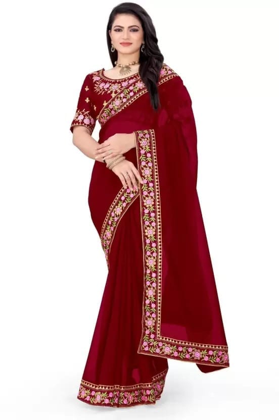 Solid/Plain Bollywood Georgette Saree (Maroon)