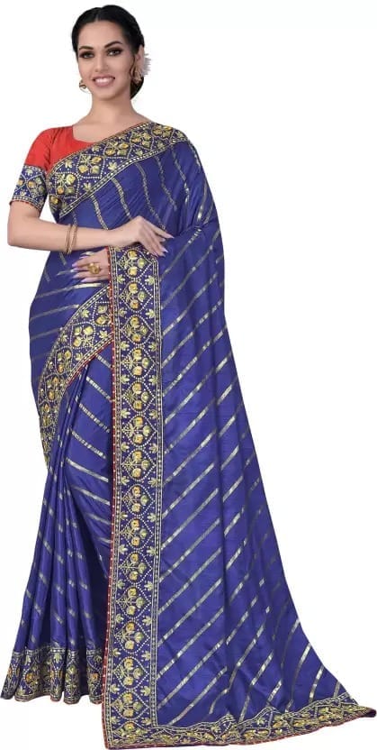 Embroidered Bollywood Silk Blend Saree (Blue)