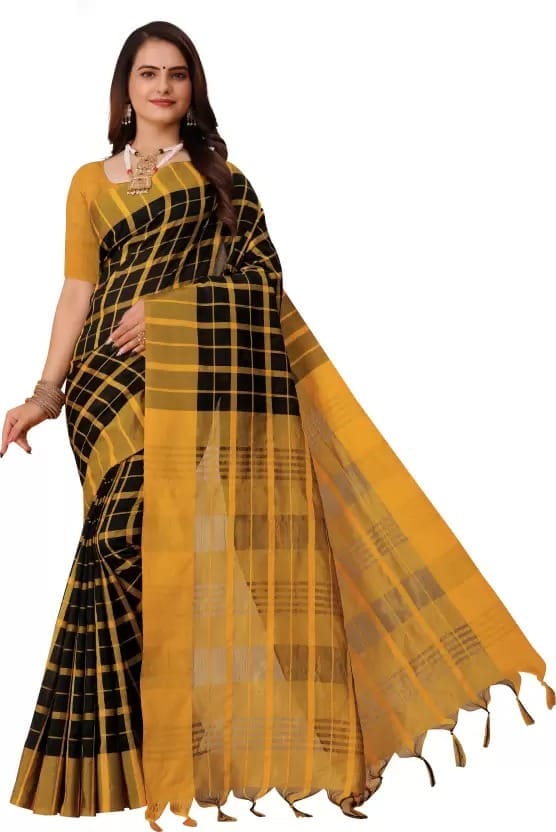 Checkered Bollywood Cotton Silk Saree (Brown)