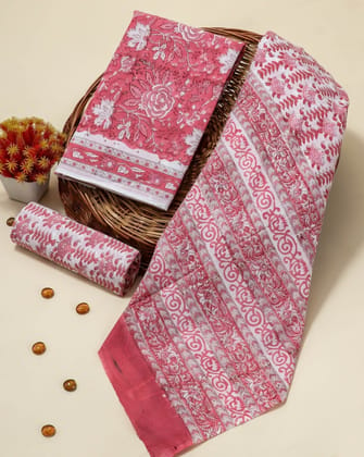 Shalvi's Pink Floral Jaal Print Cotton Suit Set with Mulmul Dupatta (PRMUL97)