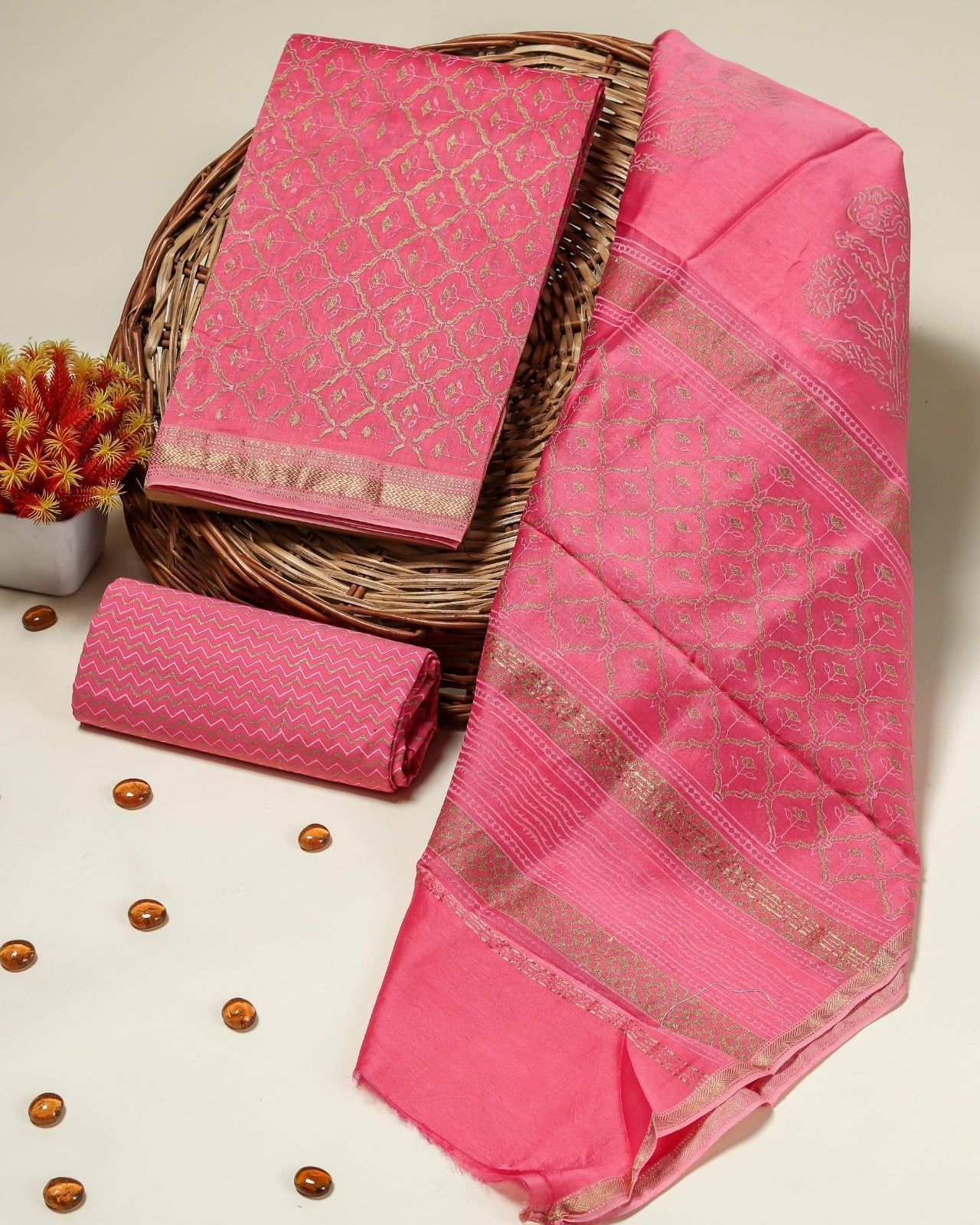 Shalvi's Pink Hand Block Print Maheshwari Silk Sui Set (MSL155)