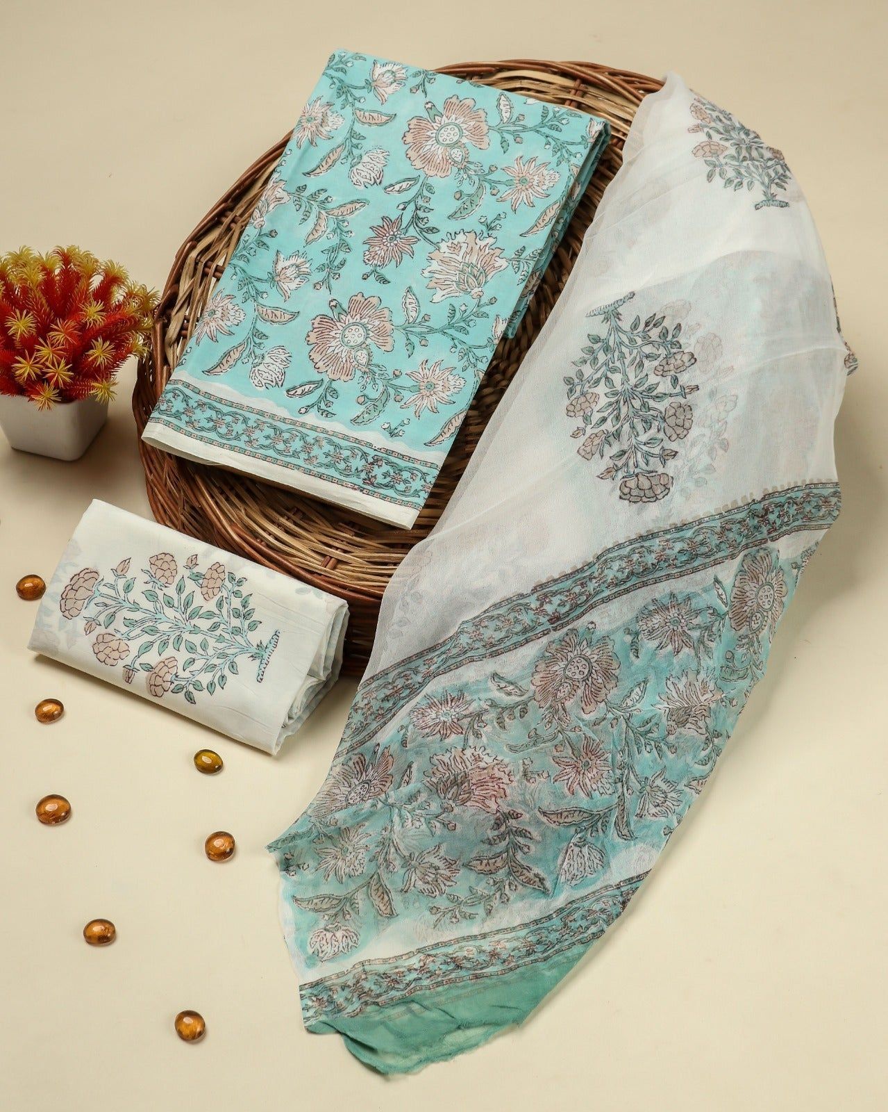 Exclusive Hand Block Print Cotton Suit Set with Chiffon Dupatta (PCHF482)