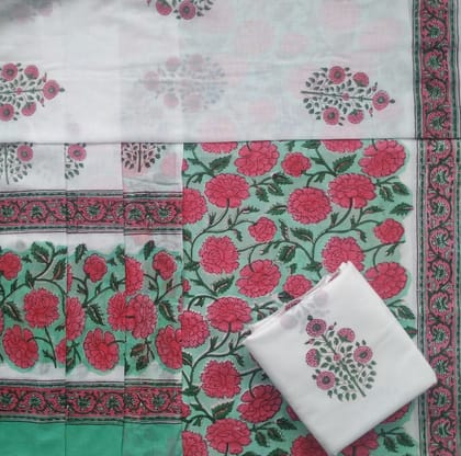 Elegant Hand Block Print Cotton Suit Set with Mulmul Dupatta (PRMUL377)