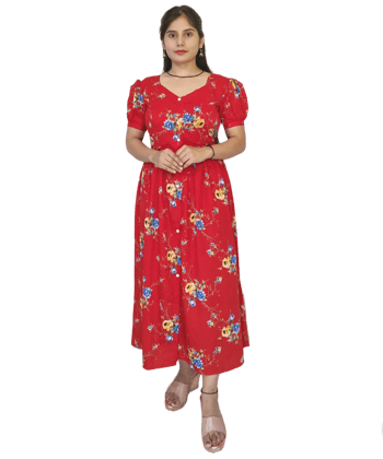 Women's Red Crepe Floral Print  Maxi Dress