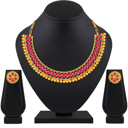 Pujvi Fashions Red Metalic Choker Necklace set