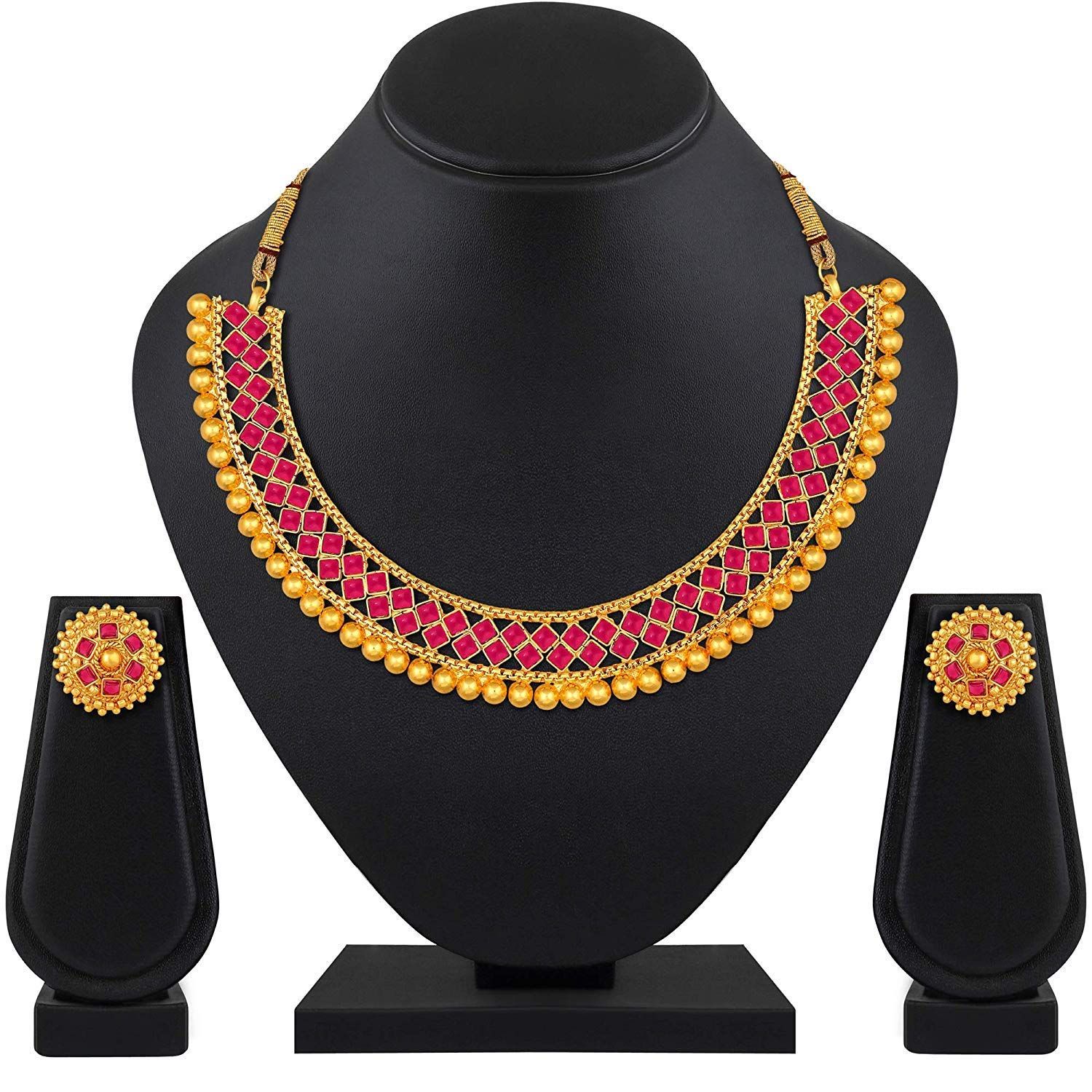 Pujvi Fashions Red Metalic Choker Necklace set