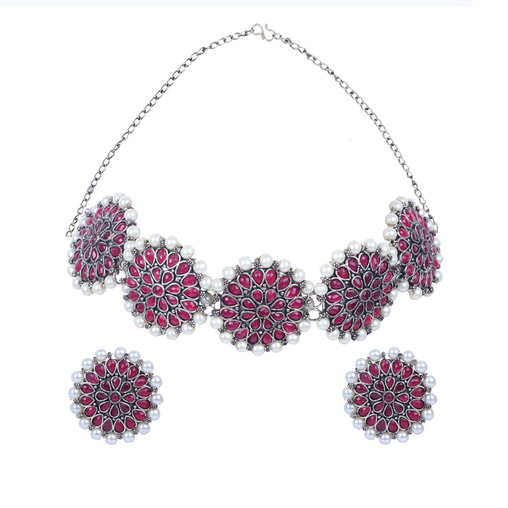 Pujvi Fashions oxidised Maroon Kundan With White Moti Choker necklace set