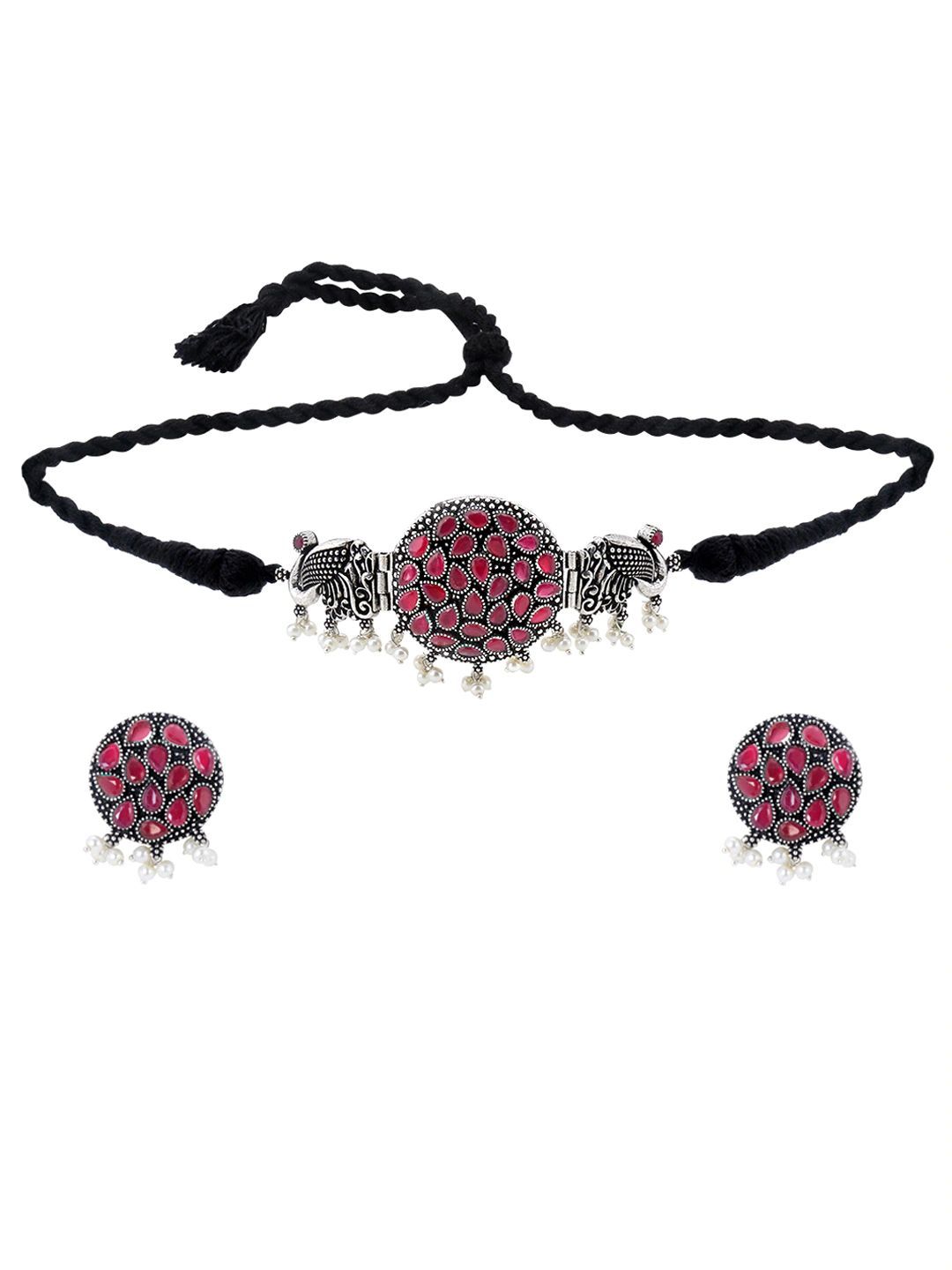 Pujvi Fashions Oxidised Maroon kundan Choker Necklace set