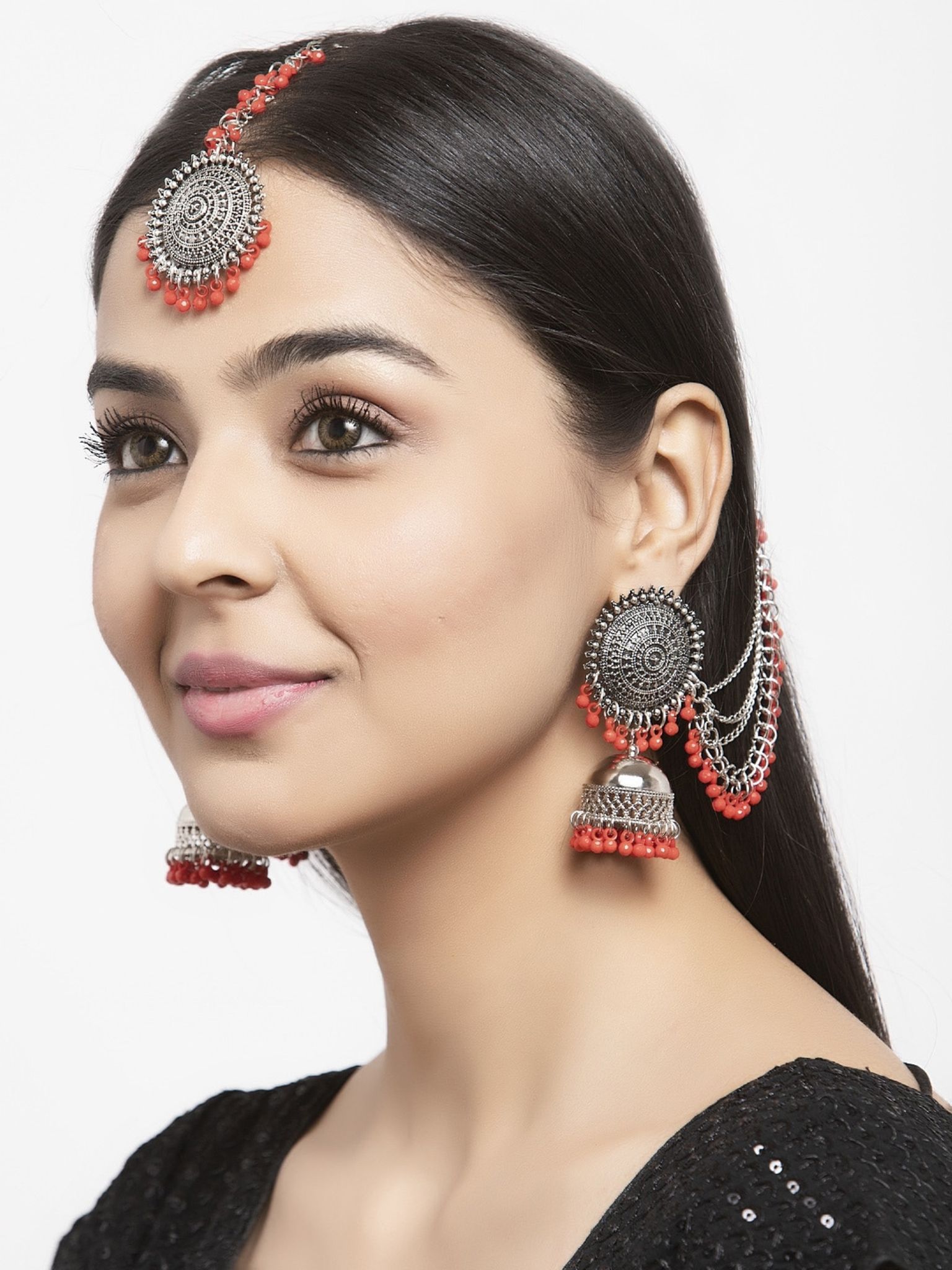 Pujvi Fashions Red Bahubali Earring Set