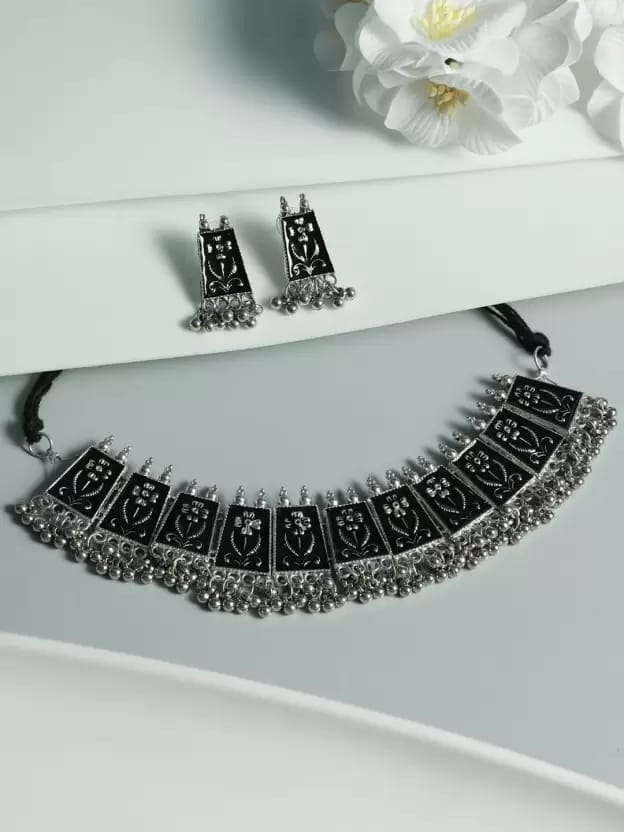 Pujvi Fashions Oxidised Meenakari Black Choker Necklace set