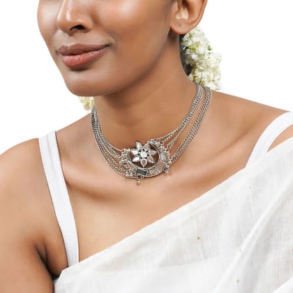 Pujvi Fashions Oxidised Mirror With Chain Design Choker Necklace set