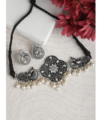 Pujvi Fashions Oxidised Black Choker With White Studs Necklace set