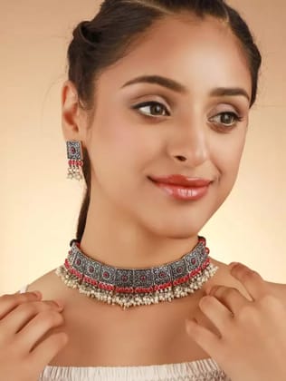 Pjvi Fashions Oxidised 11 Square  Maroon choker Necklace set