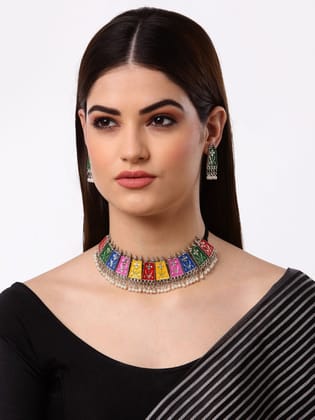 Pujvi fashions Multicolor Meenakari Choker Necklace set