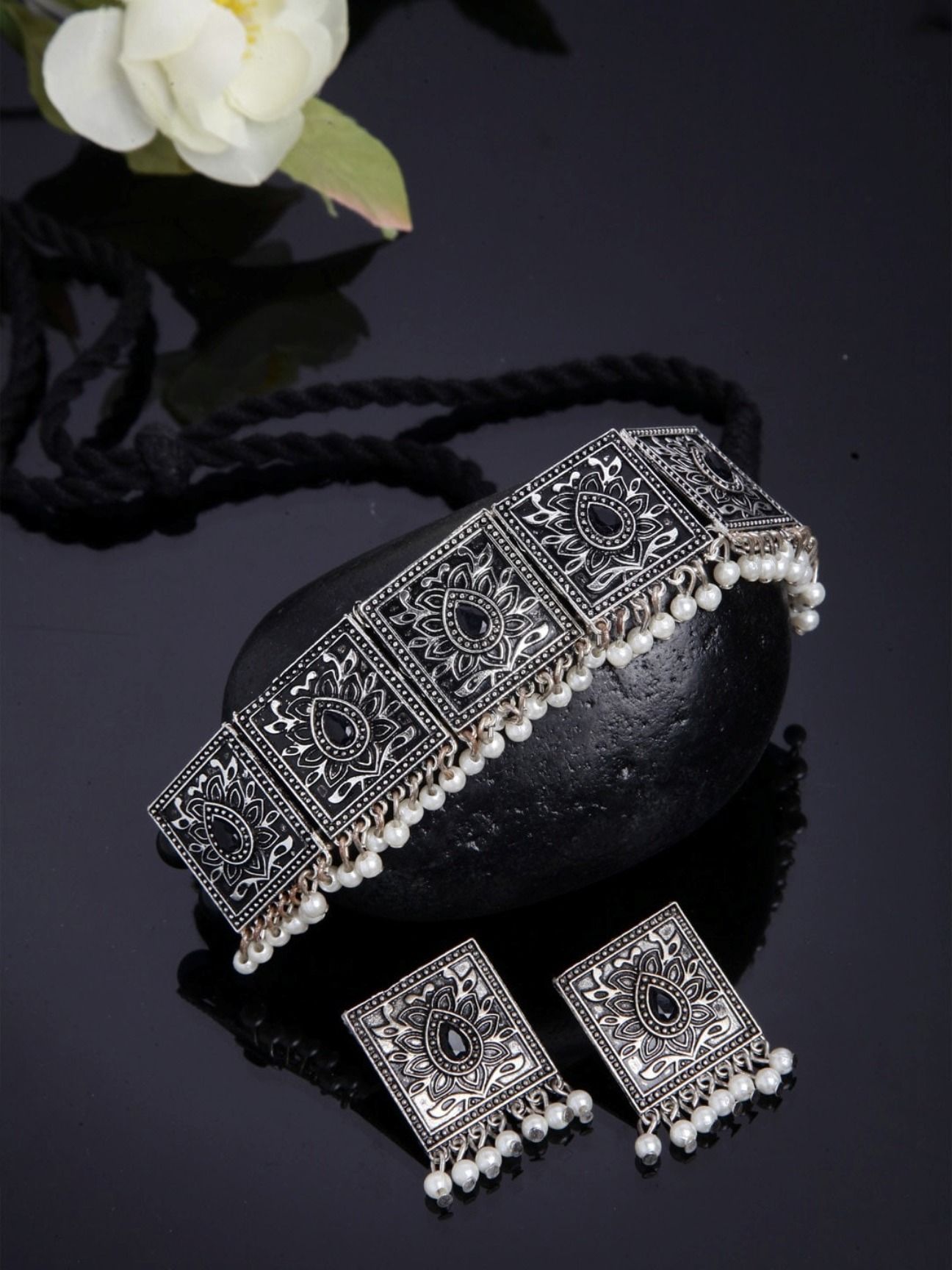 Pujvi Fashions Oxidised Seven Square Black Choker Necklace Set