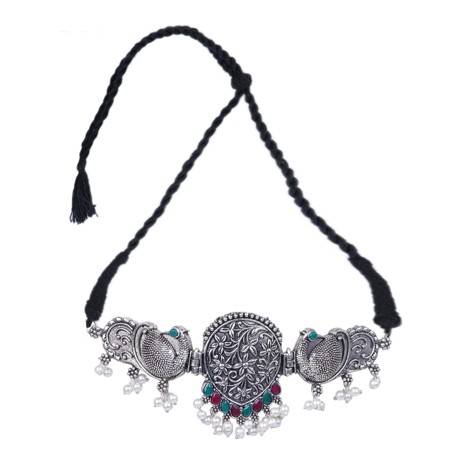 Pujvi Fashions Oxidised Round With Peacock Multicolor Stone Choker Necklace set