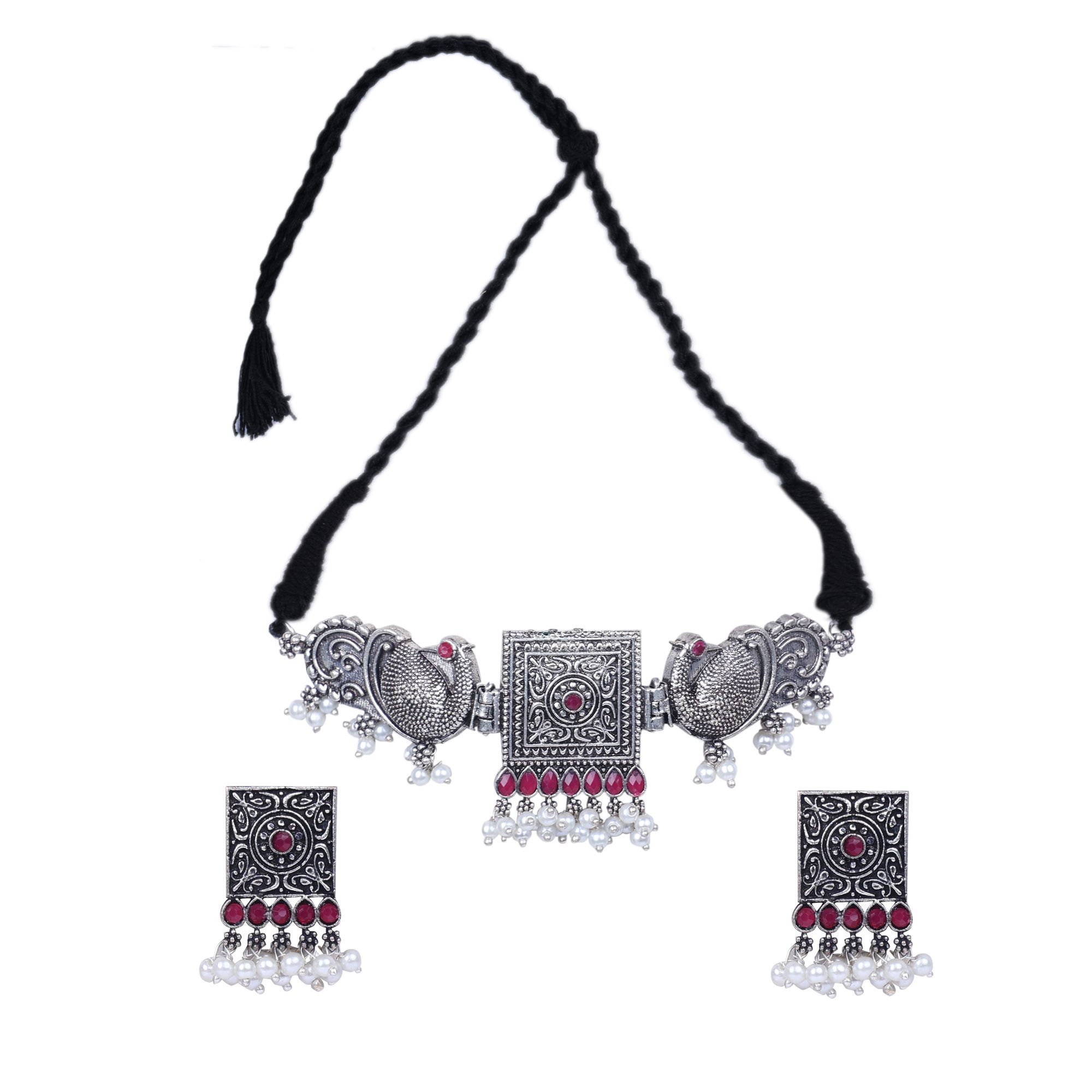 Pujvi Fashions Oxidised Maroon stone square with Peacock Choker Necklace set