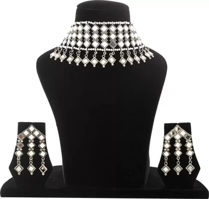 Pujvi Fashions Oxidised Mirror Choker necklace set