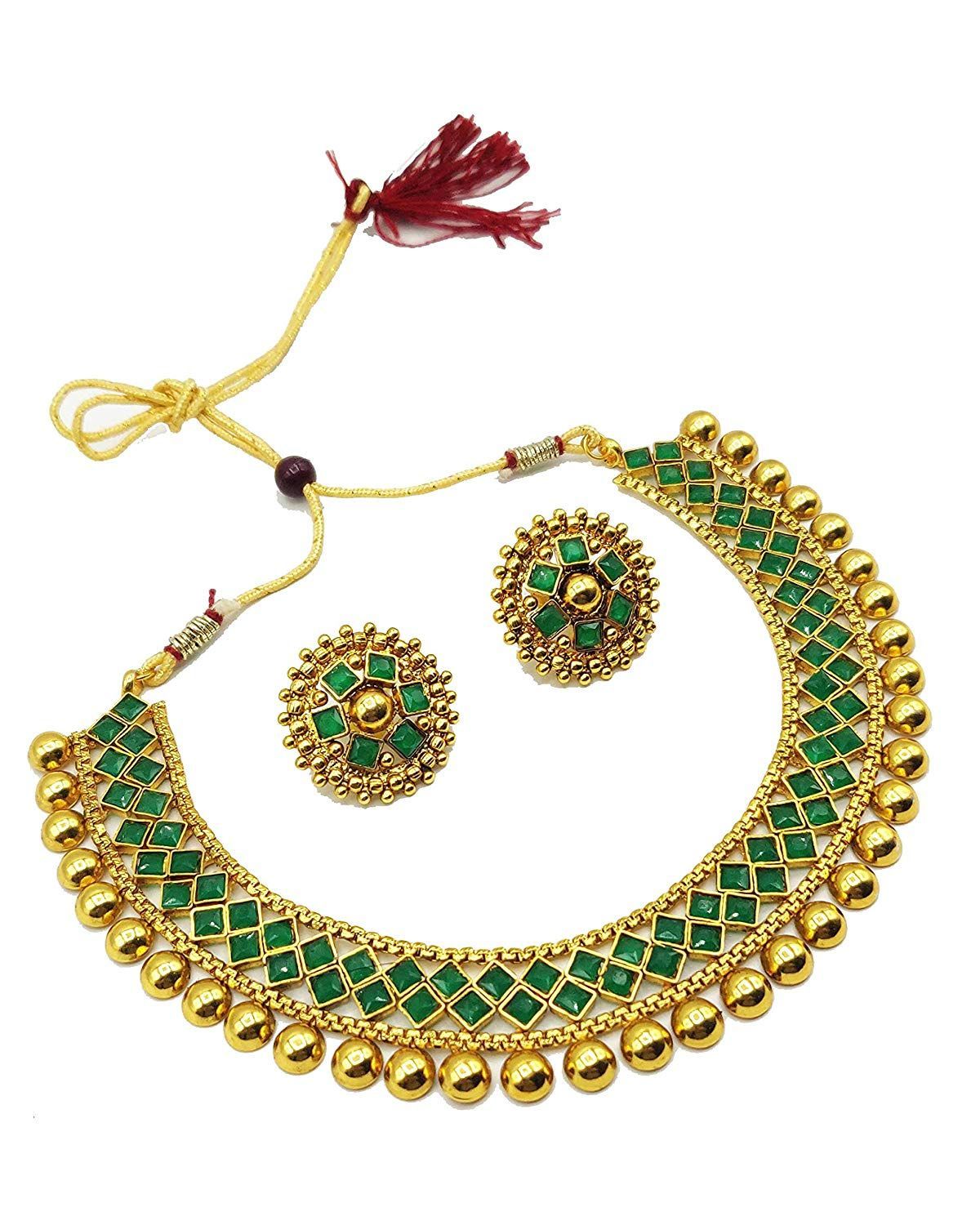 Pujvi Fashions Green metalic Choker Necklace set