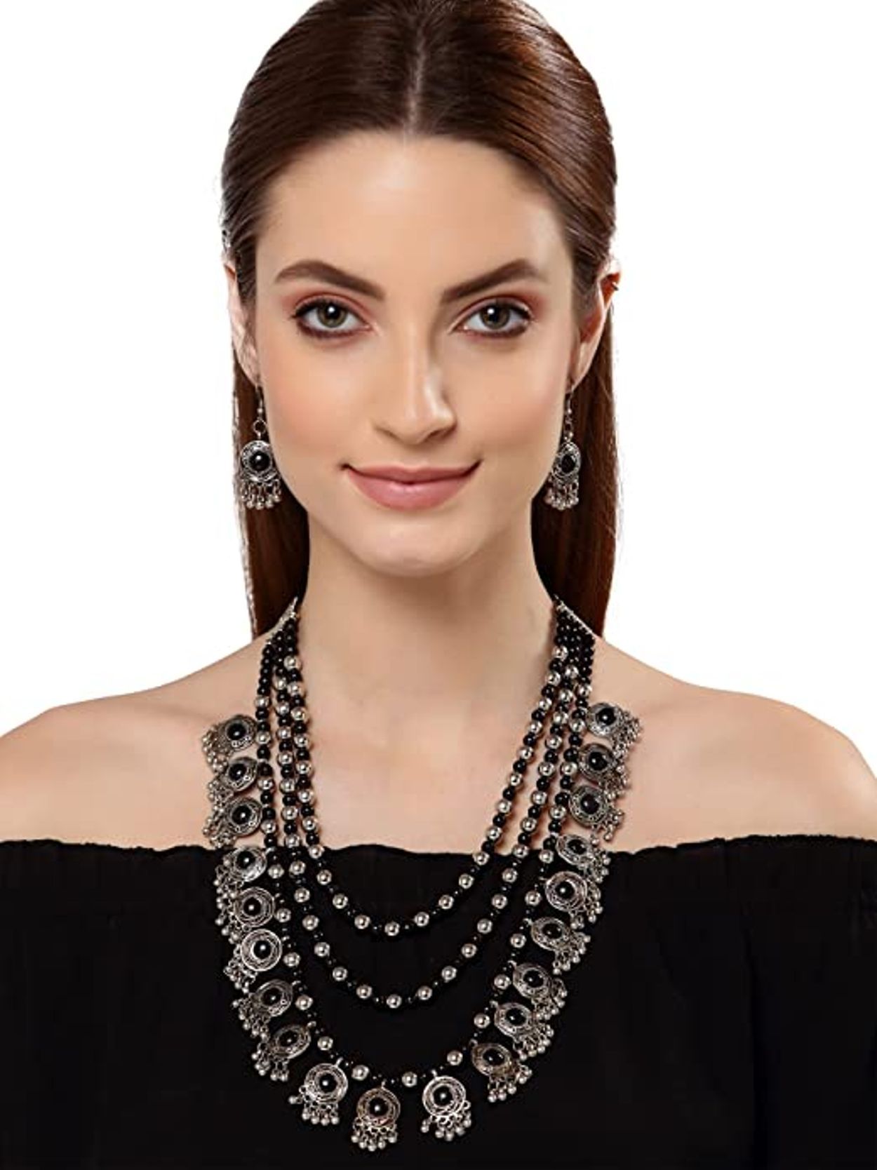 Pujvi Fashions Oxidised Black Moti Layered Necklace set