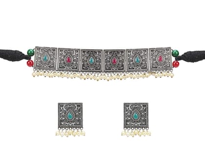 Pujvi Fashions Oxidised Seven Square Multicolor choker Necklace set