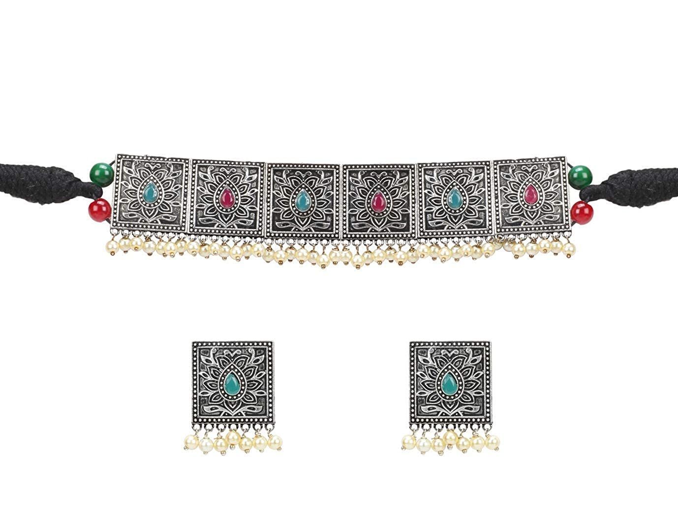 Pujvi Fashions Oxidised Seven Square Multicolor choker Necklace set