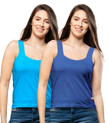 NRG Womens Cotton Assorted Colour Tank Top Half Slips ( Pack of 2 Light Blue - Dark Blue ) L12 Camisole