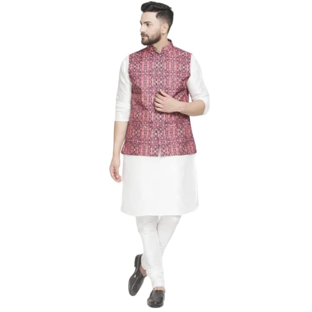 Banity Bey Men's Silk Blend White Kurta Pajama with Designer Ethnic Nehru  Jacket/Modi Jacket/Waistcoat