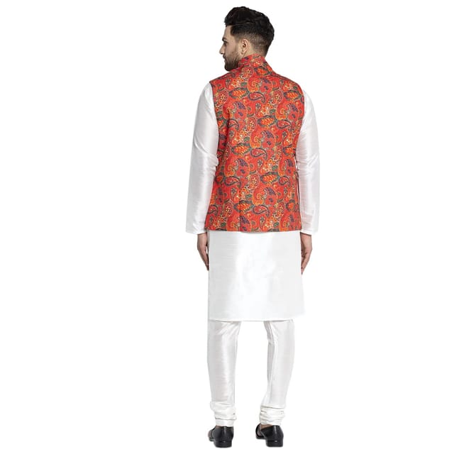 Elegant White Kurta Pajama Paired with Bright Rust Nehru Jacket | Fami –  Desioz