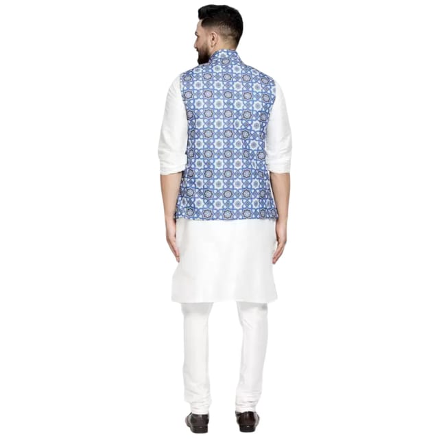 White kurta pajama on sale with blue waistcoat