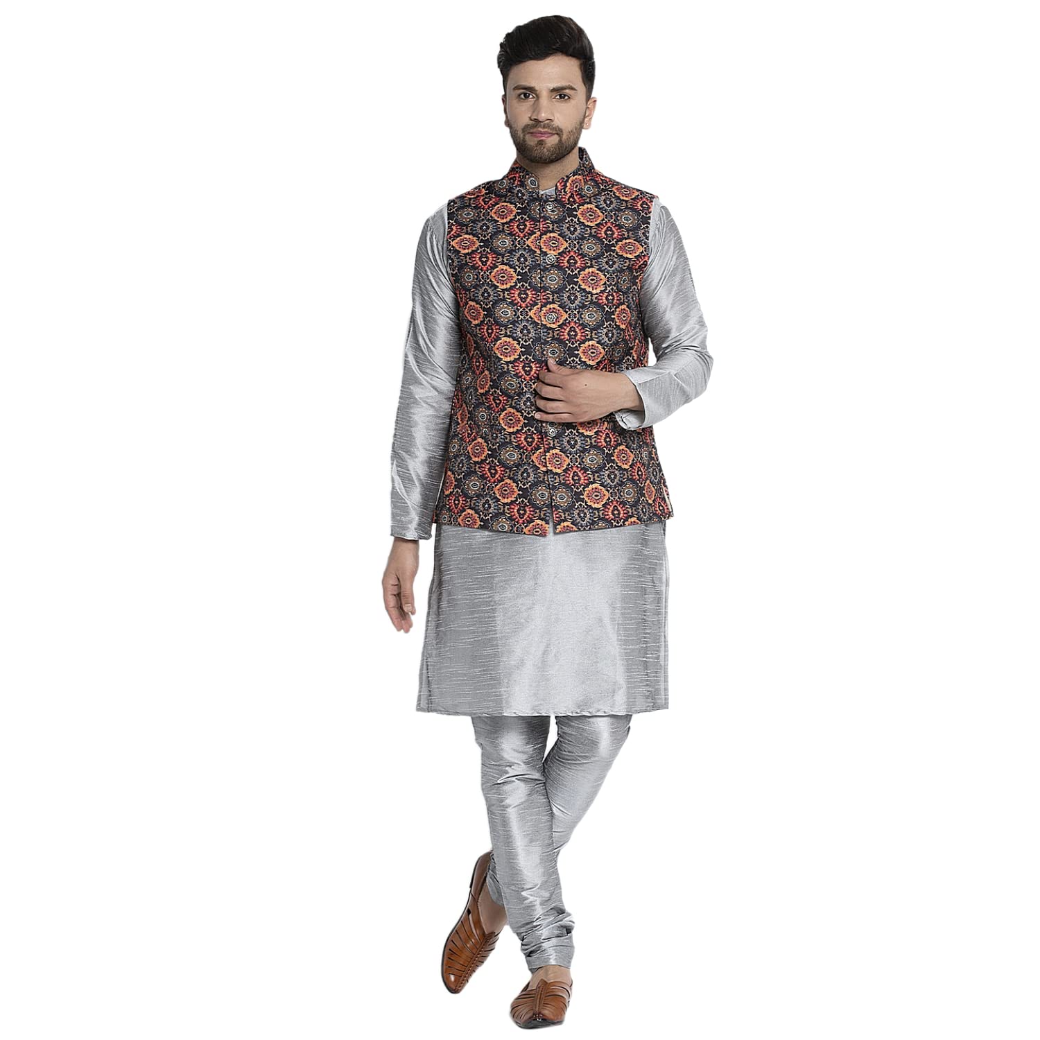 Mauve Nehru jacket with linear embroidery and kurta pyjama – Ricco India