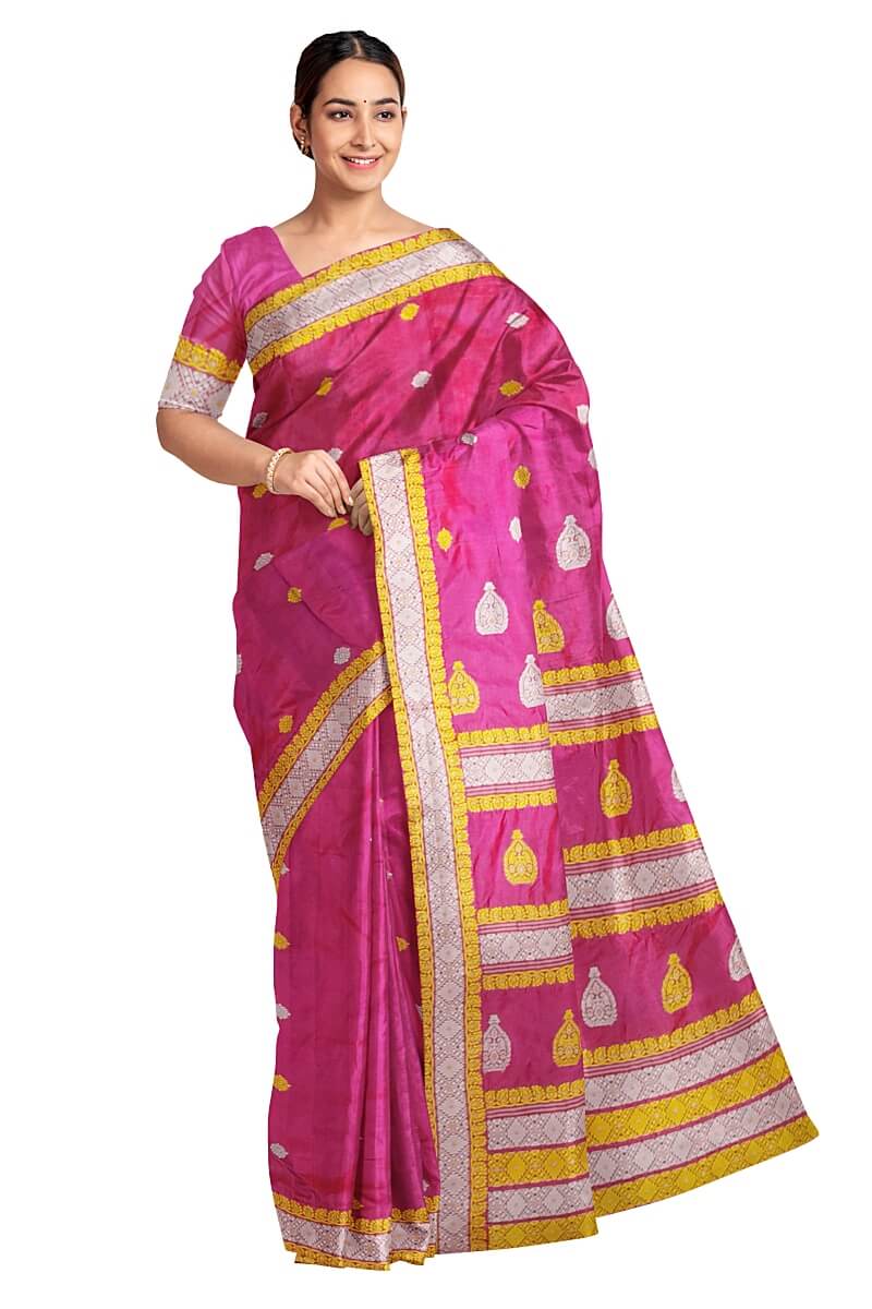 Handwoven Mulberry pure silk saree from Assam, in pink  with colourful motifs on the body and thread work in pallu & border.