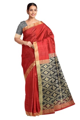 Matka silk saree in red with a  jamdani weave pallu in geometric pattern