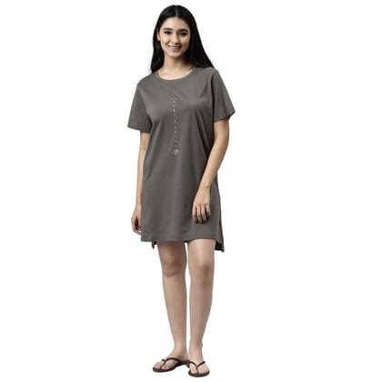 Enamor Essentials Relaxed Fit Short Sleeve Round Neck Cotton Tunic Tee with Side Slit for Womens-E061