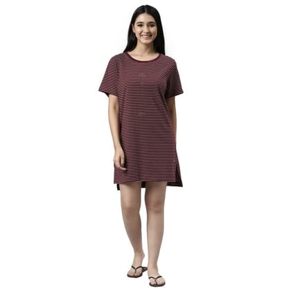 Enamor Essentials Relaxed Fit Short Sleeve Round Neck Striped Tunic Tee with Side Slit for Womens-EA61