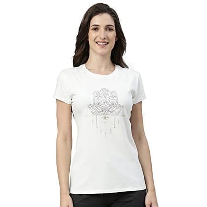Enamor Essentials Women's Short Sleeve Crew Neck Slim Fit Breathable Stretch Cotton Tee With Graphic - E147
