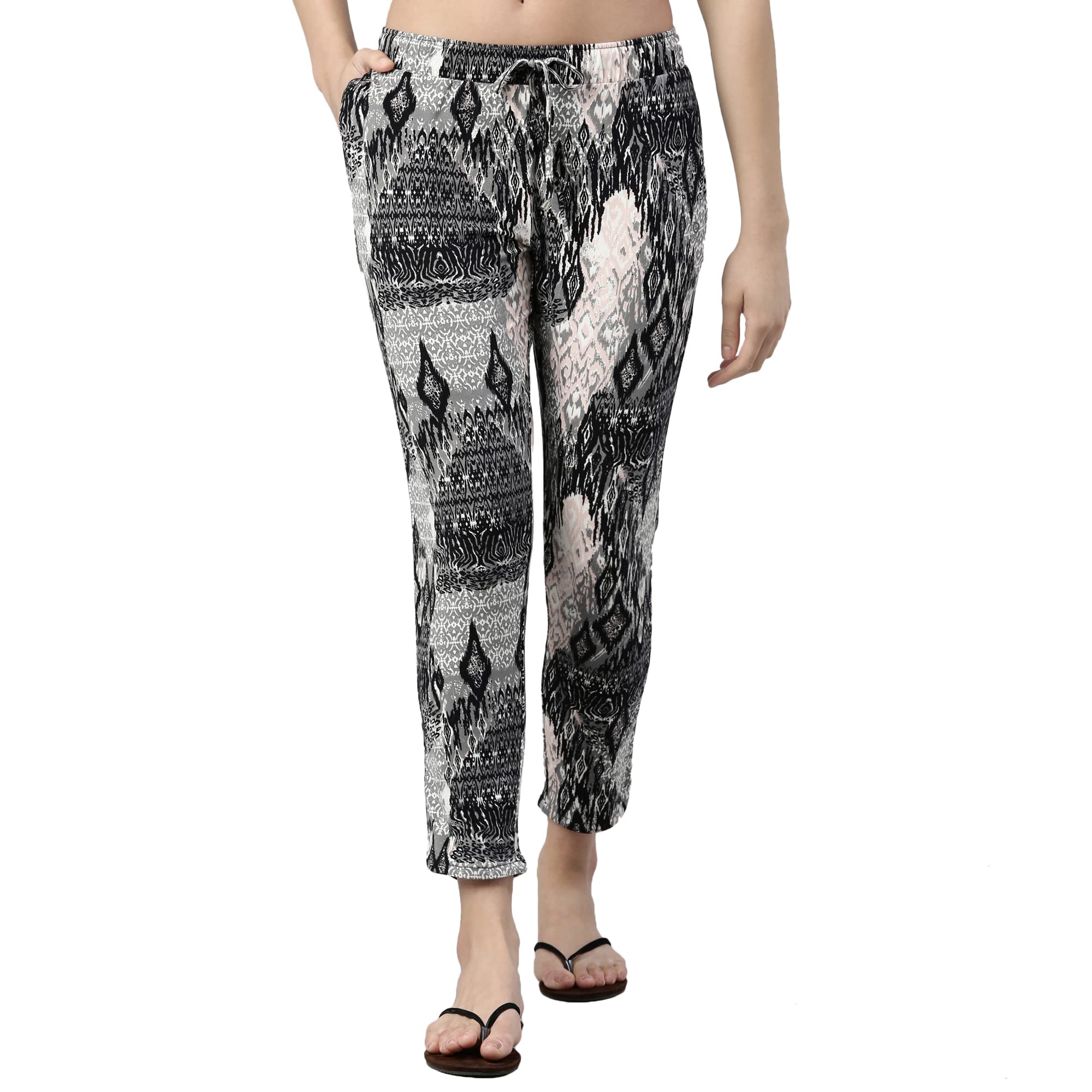 Enamor Women's Relaxed Lounge Pants (E048_Black Abstract Tribe AOP_S)