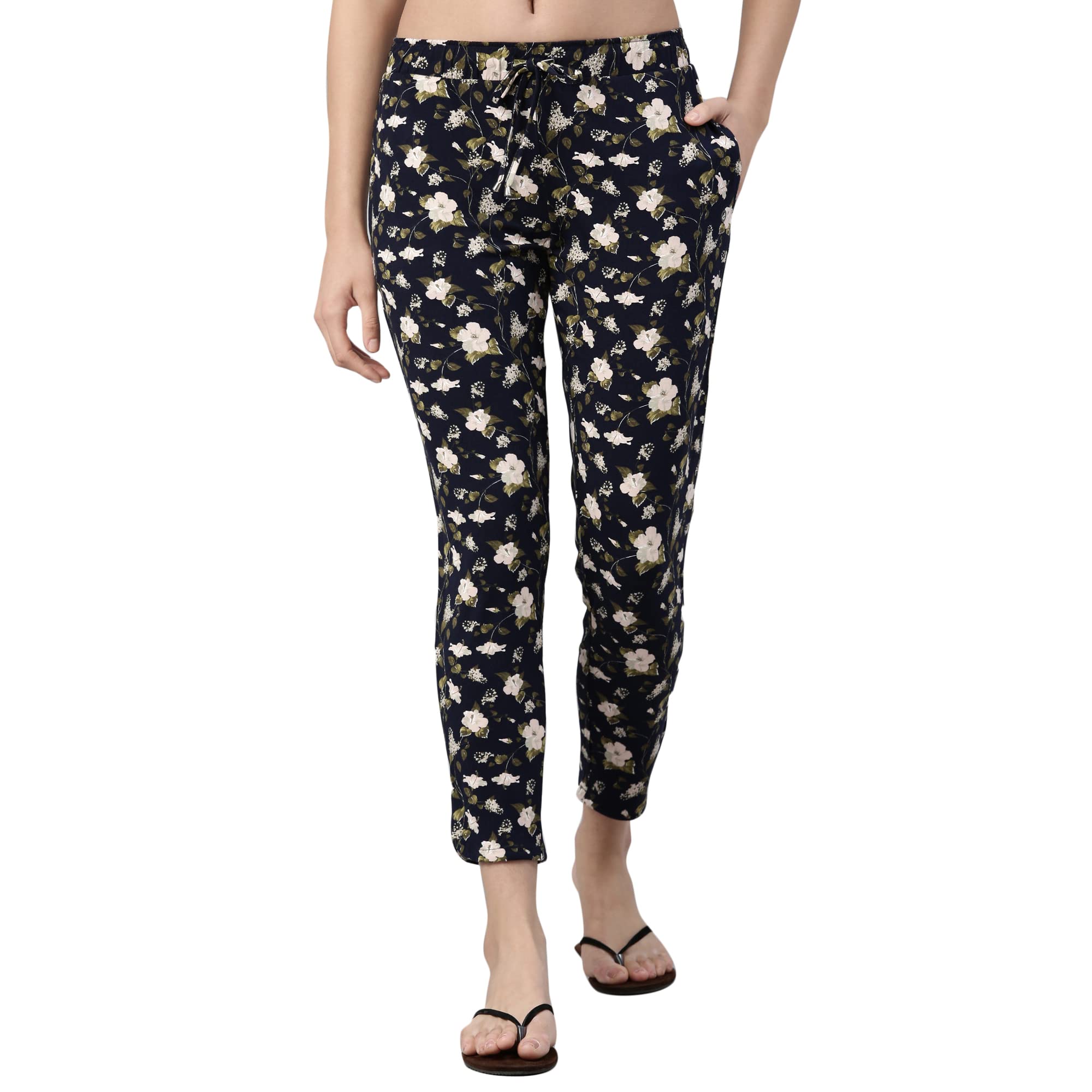 Enamor Women's Relaxed Lounge Pants (E048_Navy Hibiscus AOP_M)