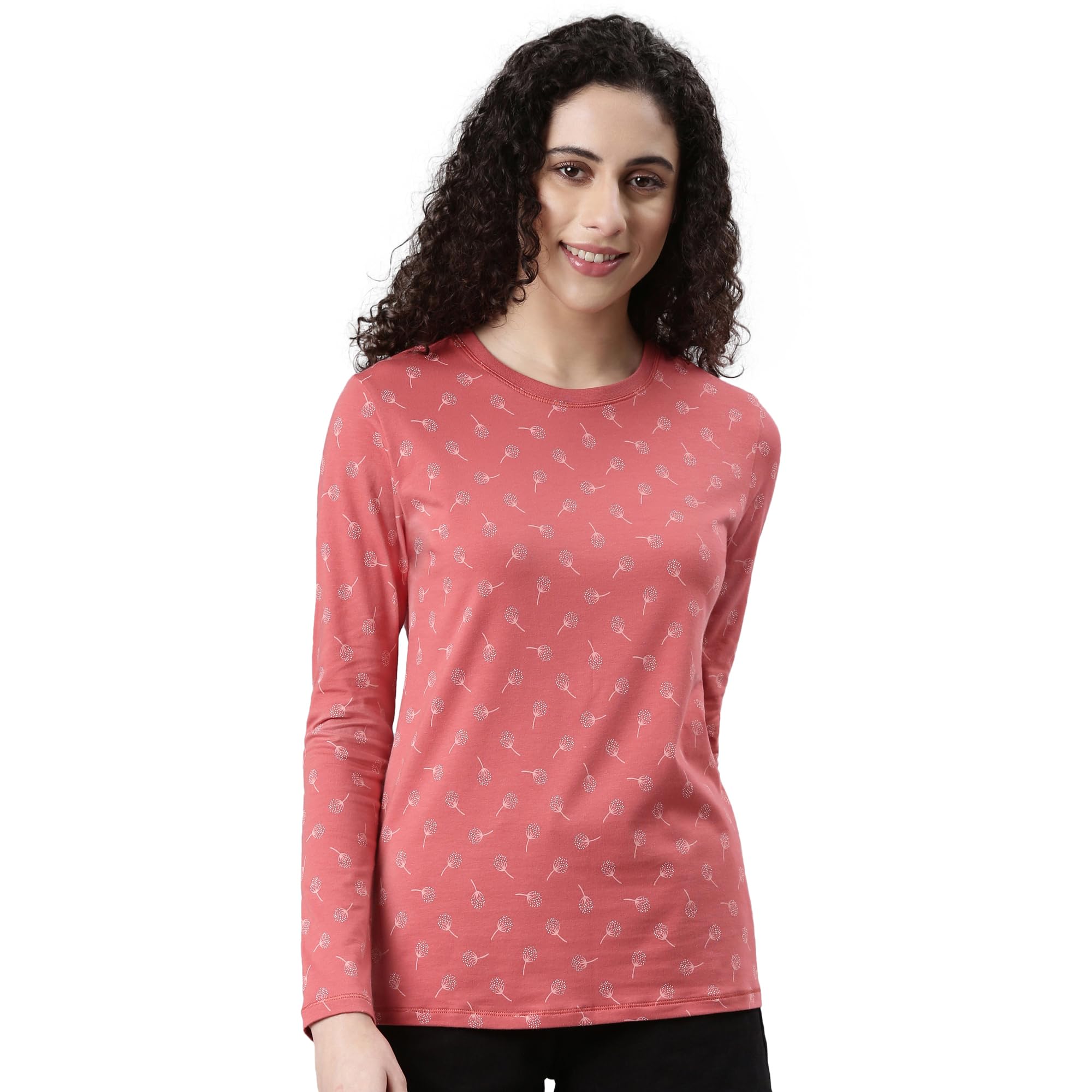 Enamor Women's Geometric Slim Fit T-Shirt (E257_Mineral Red-Dandelion AOP