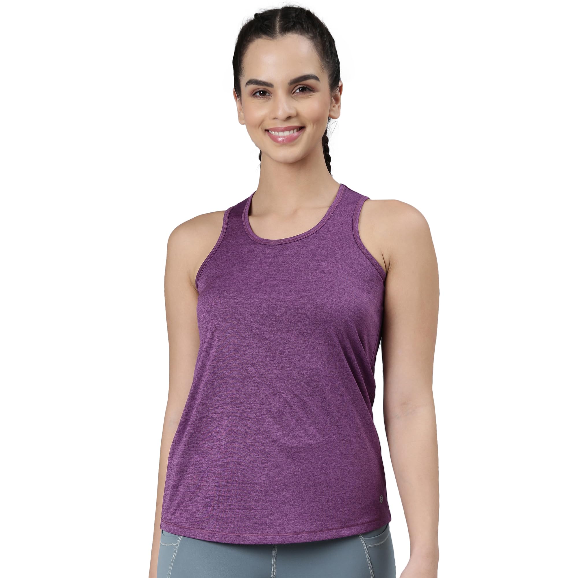 Enamor Women's Solid Slim Fit T-Shirt (A308_Sunset Purple Melange/Active Reflective Graphic