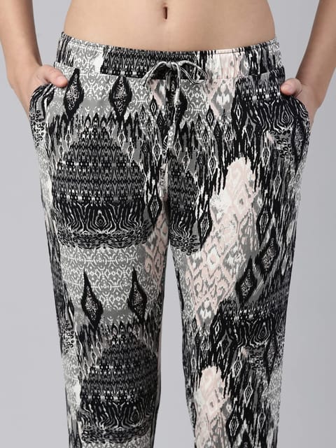 Enamor Women's Relaxed Lounge Pants (E048_Black Abstract Tribe AOP_XL)