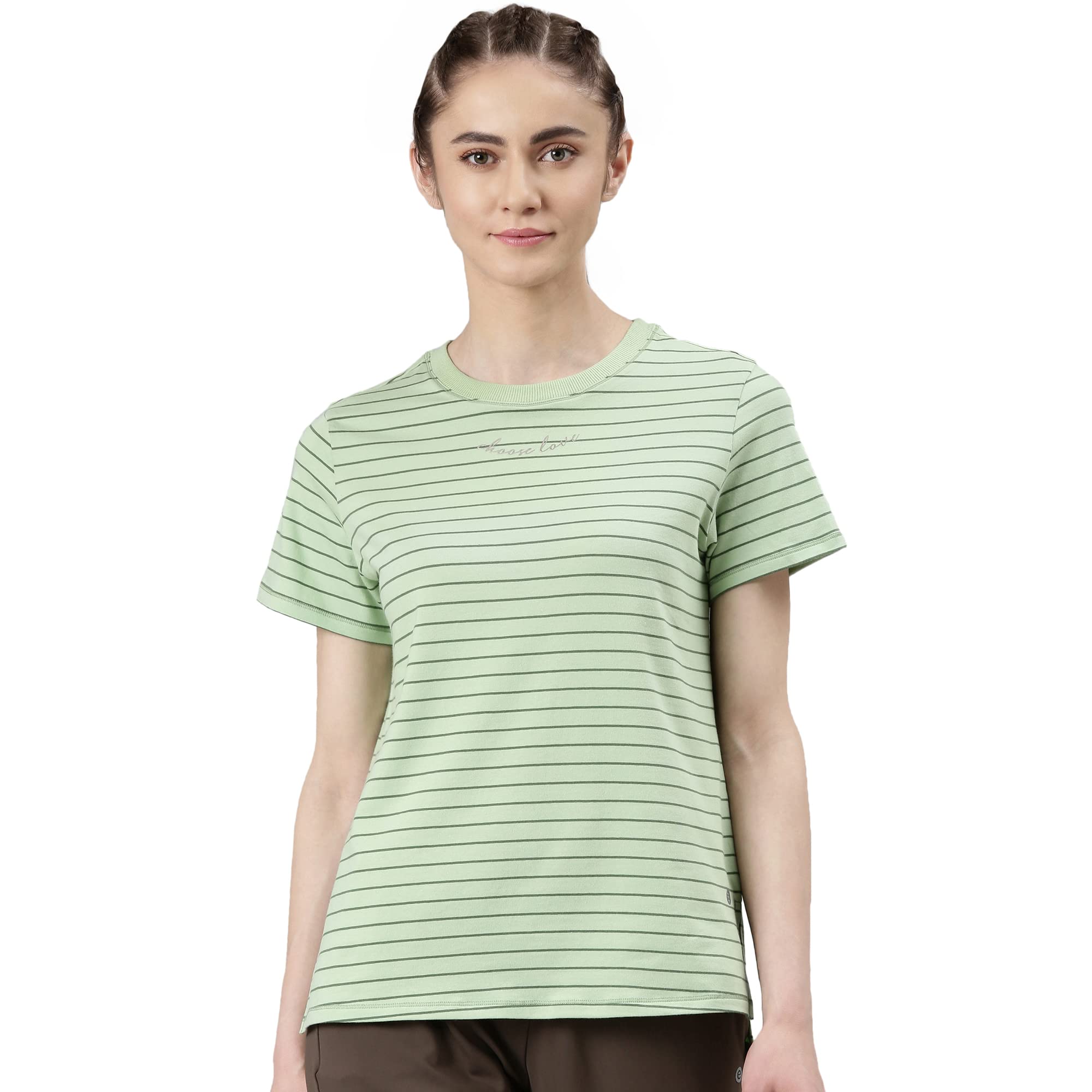 Enamor Women's Striped Relaxed T-Shirt (A3S1_Soft Green Stripe Choose Love Graphic S)