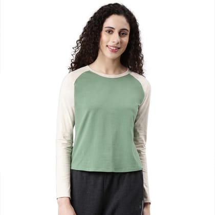 Enamor Women's Solid Slim Fit T-Shirt (E307_Oatmeal Melange/Dark Ivy