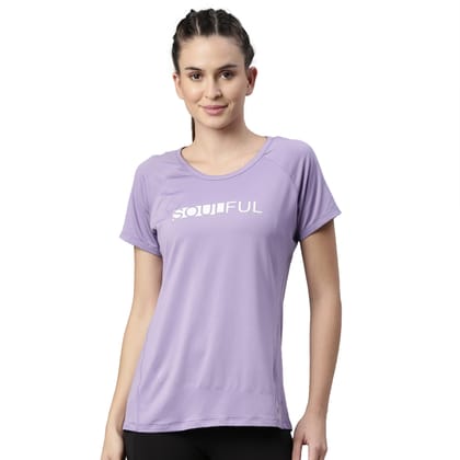 Enamor Athleisure Women's Polyester Relaxed Fit Long Length Raglan Sleeves Scoop Neck Quick Dry 4 Way Stretch Antimicrobial Graphic Tee - E163(E163-Chalky Violet/ Soulful Graphic-S)