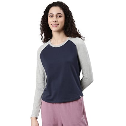 Enamor Women's Solid Slim Fit T-Shirt (E307_Light Grey Melange/Space Blue