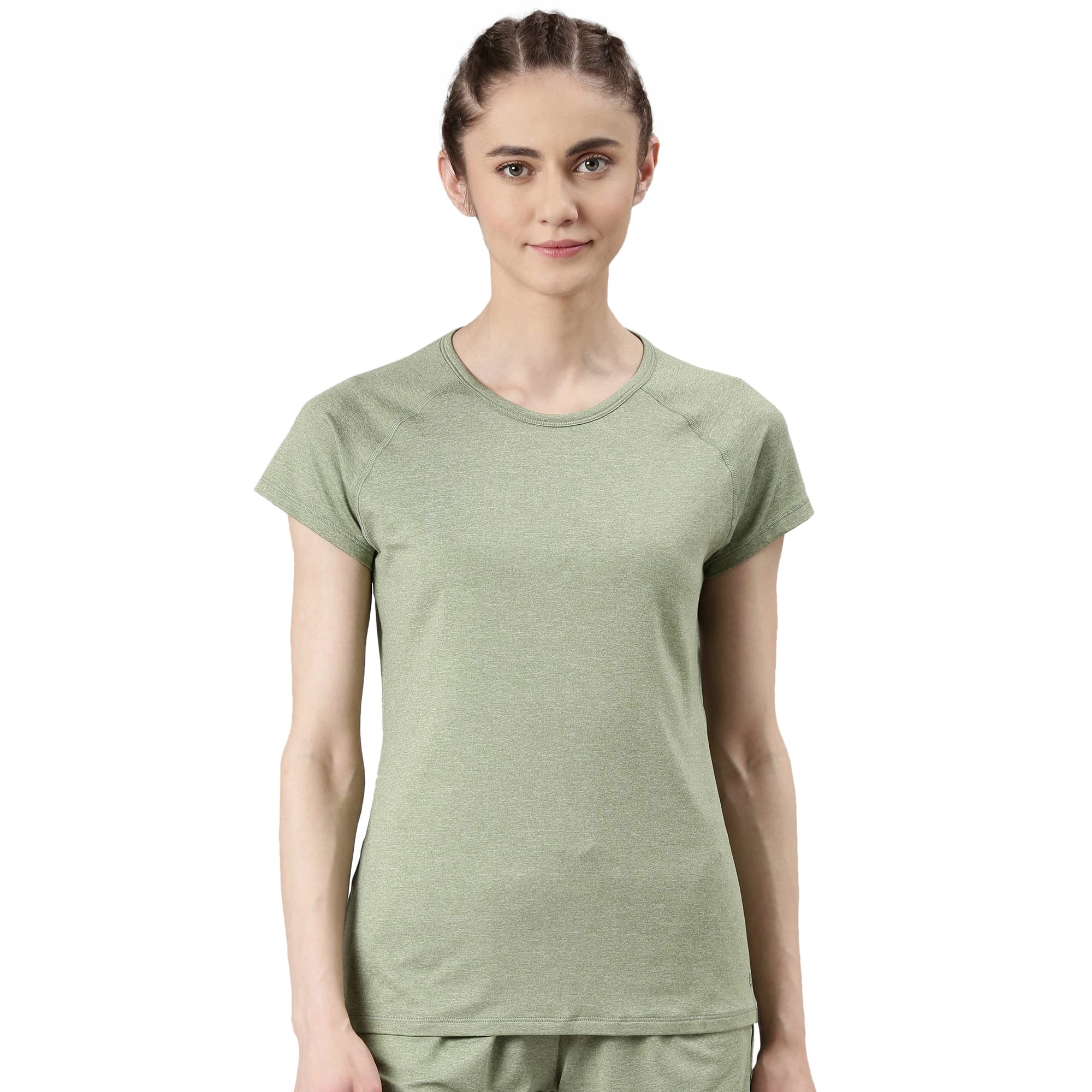 Enamor Women's Solid Slim T-Shirt (E089_Pale Fern Melange L)