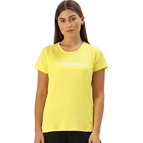 Enamor Athleisure Women's Polyester Relaxed Fit Long Length Raglan Sleeves Scoop Neck Quick Dry 4 Way Stretch Antimicrobial Graphic Tee - E163(E163-Lemon W/ Gratitude-S)